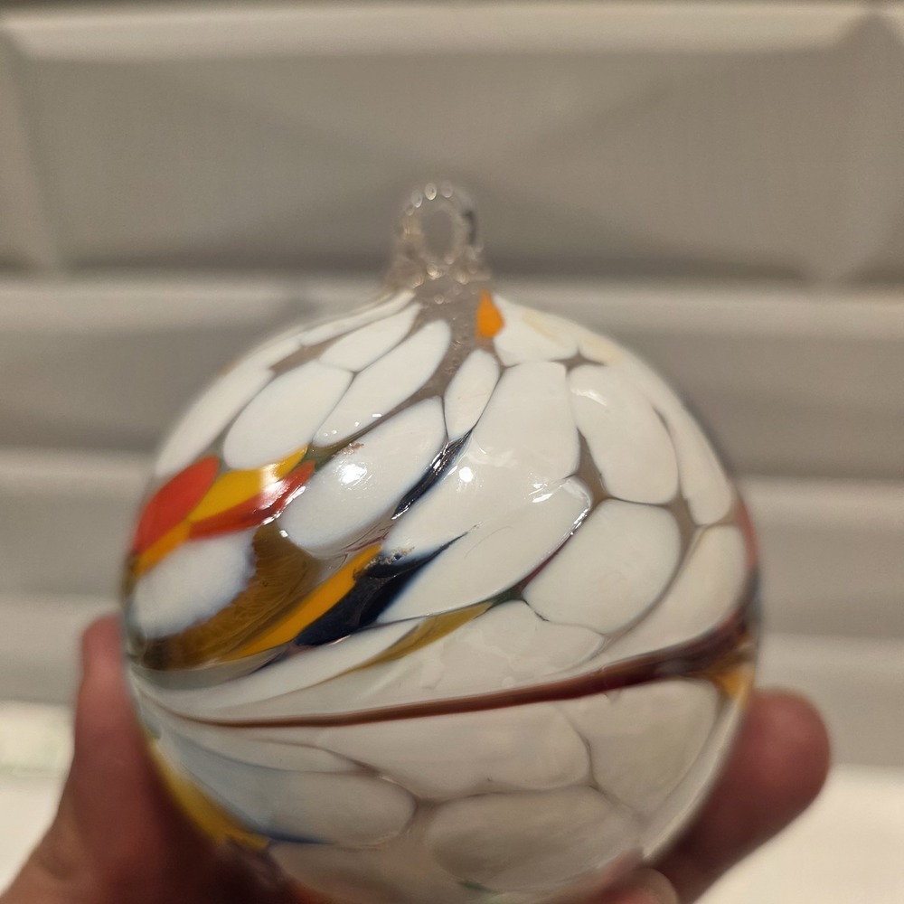 Set Of 2 Art Glass Hand Blown Christmas Ornament Orb Balls Blue Swirl & Multi - Picture 10 of 13